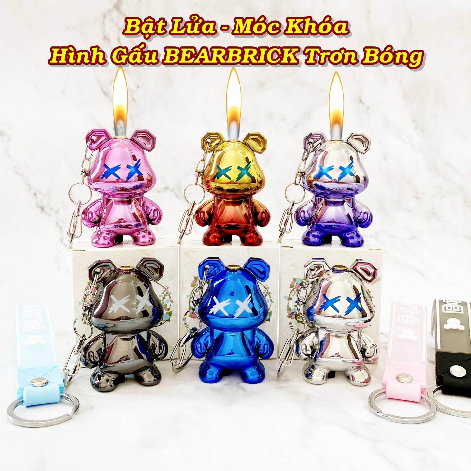 Bật lửa móc khóa hình gấu bearbrick trơn bóng - xài gas