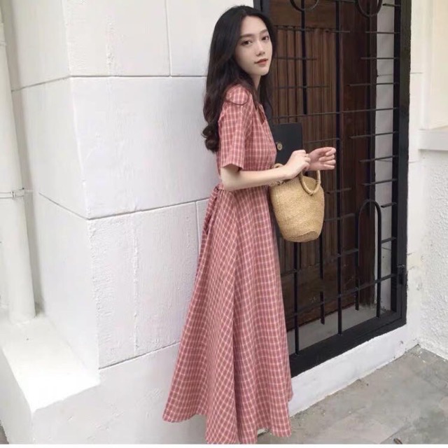 VÁY KẺ CARO DÁNG VINTAGE CÓ DÂY THẮT EO ( ảnh thật ở cuối )