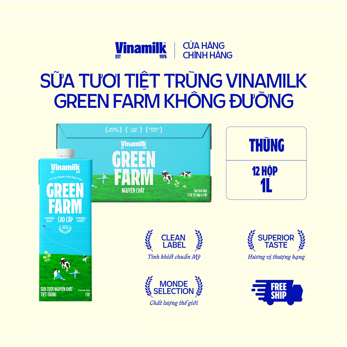 Sữa Tươi Tiệt Trùng Vinamilk Green Farm Không Đường - Thùng 12 hộp 1L