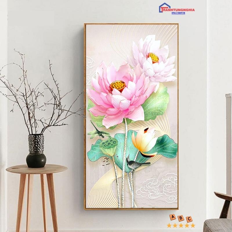 Tranh đính đá, tranh thêu chữ thập hoa sen