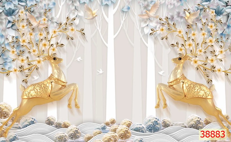Decal tranh dán tường 3d hiện đại hươu trang trí nhà cửa phòng khách phòng ngủ chất liệu decal pp keo sẵn bóc dán PA