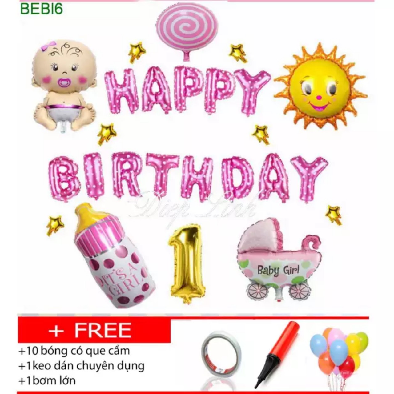 Bộ bong bóng trang trí sinh nhật happy birthday, thôi nôi ,đầy tháng cho  bé trai, bé gái- TẶNG BƠM KEO + 10 QUE CẮM BÓNG