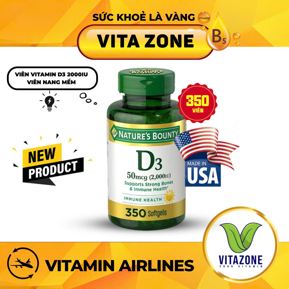 (Date 2027) NATURE BOUNTY VITAMIN D3 2000IU: Tăng cường miễn dịch, xương khớp chắc khỏe, 350 viên