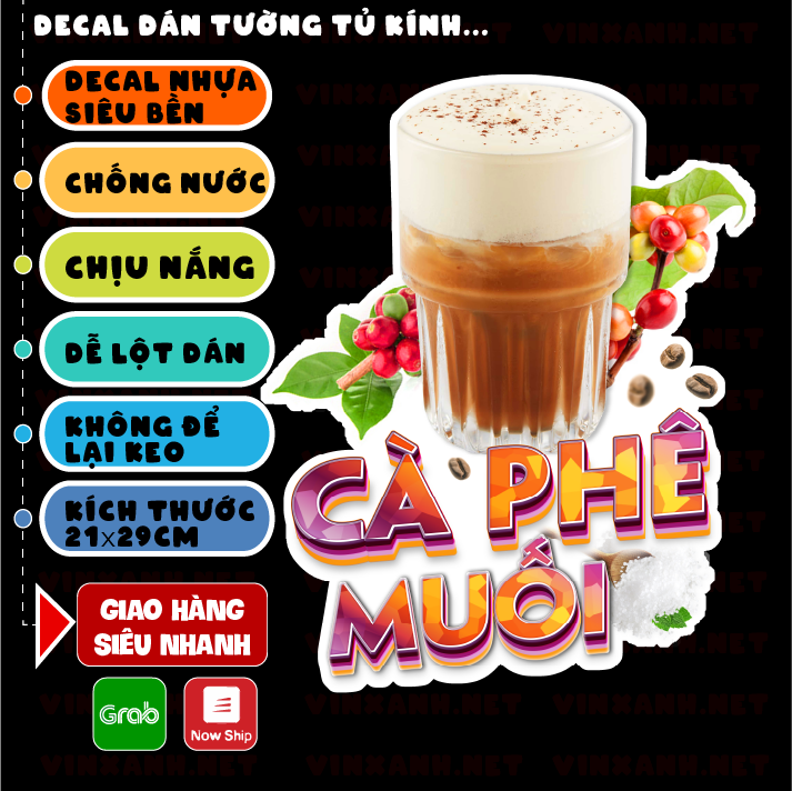 Decal Cafe Muối trang trí quán nước tường, tủ kính bền đẹp chống nước cắt sẵn khổ A4 ( có in theo yê