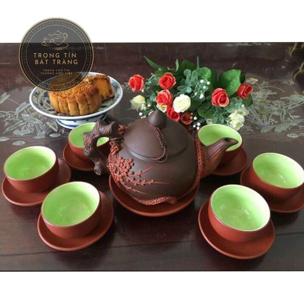 Bộ Ấm Trà Gốm Tử Sa Bát Tràng Đắp Nổi Hoa Đào Dáng Tiêu Anh (Màu Nâu Đỏ) ATSDN 03.4
