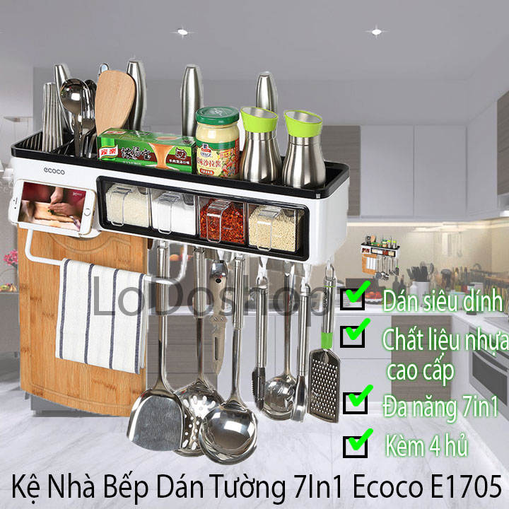 Kệ để gia vị đũa muỗng 4 hủ cao cấp ecoco E1705 - Kệ nhà bếp đa năng dán tường có móc treo máng khăn dao kéo thìa thớt nồi chảo - Dụng cụ sắp xếp đồ dùng nhà bếp - Đồ nấu ăn
