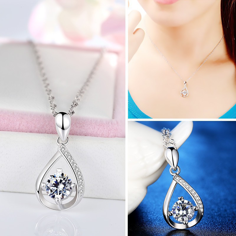 Vòng Cổ Nữ Hàn Quốc Sáng Bóng Mặt Dây Chuyền Hình Giọt Nước Viền Đá - Không Đen