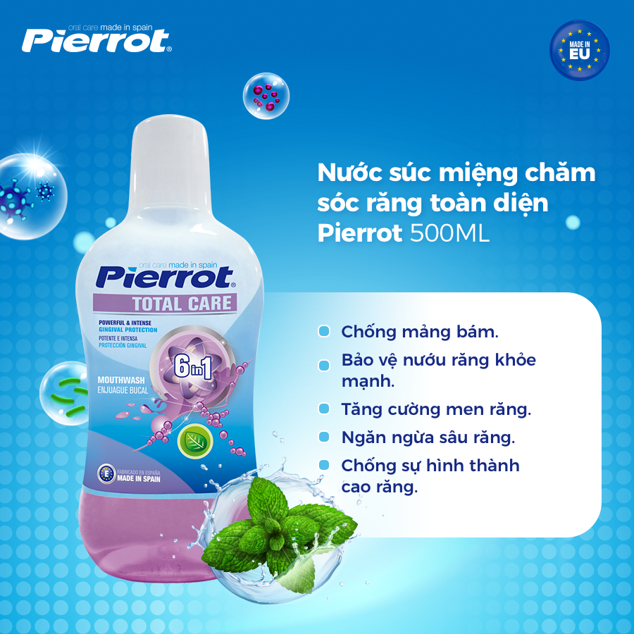 Nước súc miệng Pierrot chăm sóc răng toàn diện 500ml Tặng 1 Dụng cụ làm sạch lưỡi Pierrot