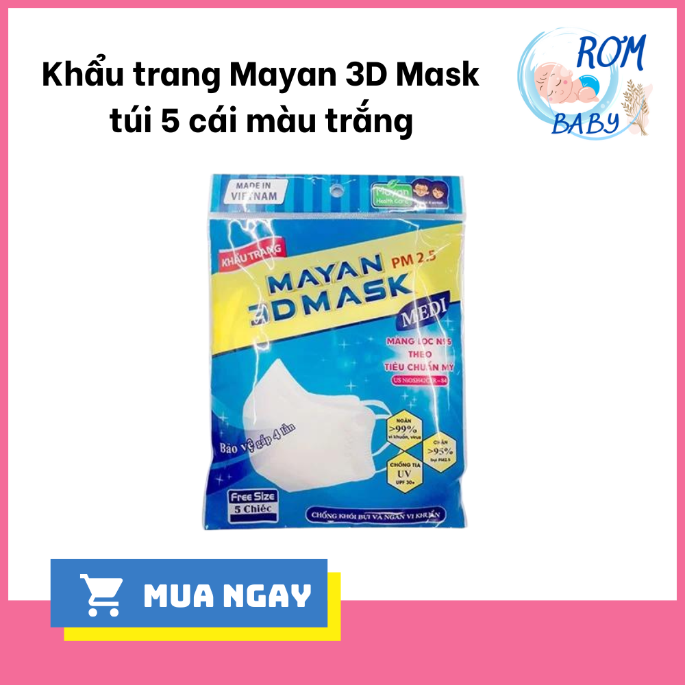Khẩu trang mayan 3d mask pm 2.5 màng lọc n95 túi 5 cái màu trắng
