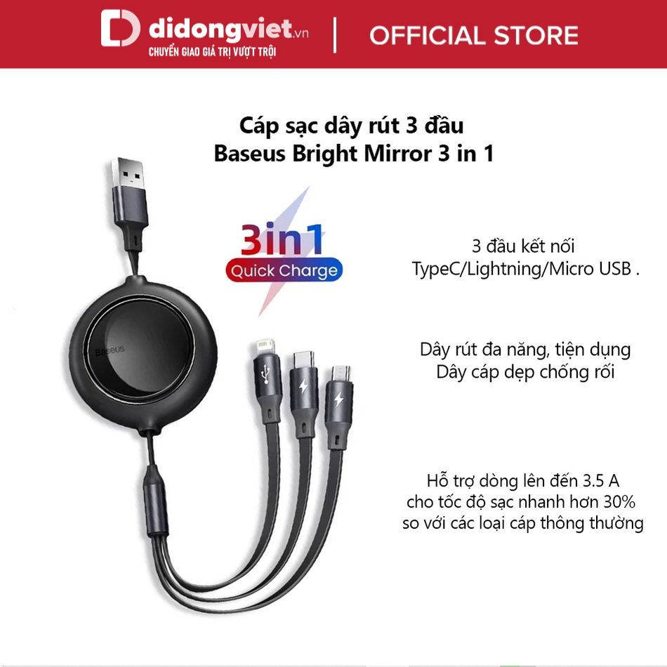 Cáp sạc dây rút 3 đầu baseus bright mirror 3 in 1 1.2m