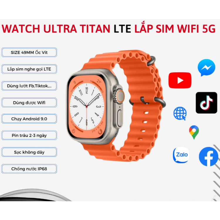 Đồng Hồ Thông Minh Watch S8 Ultra Wifi 5G LTE Lắp Sim Nghe Gọi Lướt FB Tiktok Youtube Wifi chơi game dùng mạng xã hội như 1 chiêc điện thọai di động Có Định Vị GPS Vị Trí Pin 800mAh Cực Trâu Bảo Hành 12 Tháng.