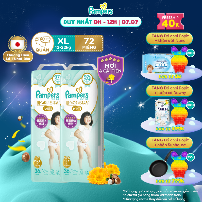 [7.7-9.7 MUA LÀ CÓ QUÀ] Combo 2 Tã/ Bỉm Quần PAMPERS Nhật Thượng Hạng Size XL (36 miếng 12-22kg) Siêu Mềm Mịn & Thoáng Khí