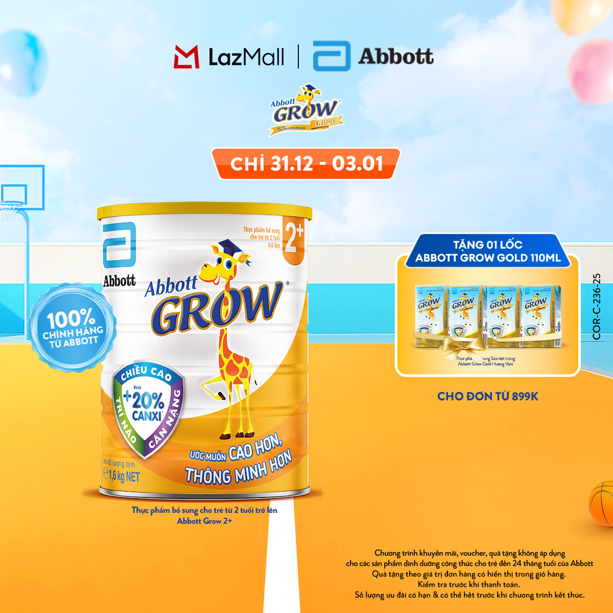 CHỈ 31.12-03.01 QUÀ TẶNG CHO ĐH 899K-SLCH Sữa bột Abbott Grow 2+ Hương Vani 1.6kg