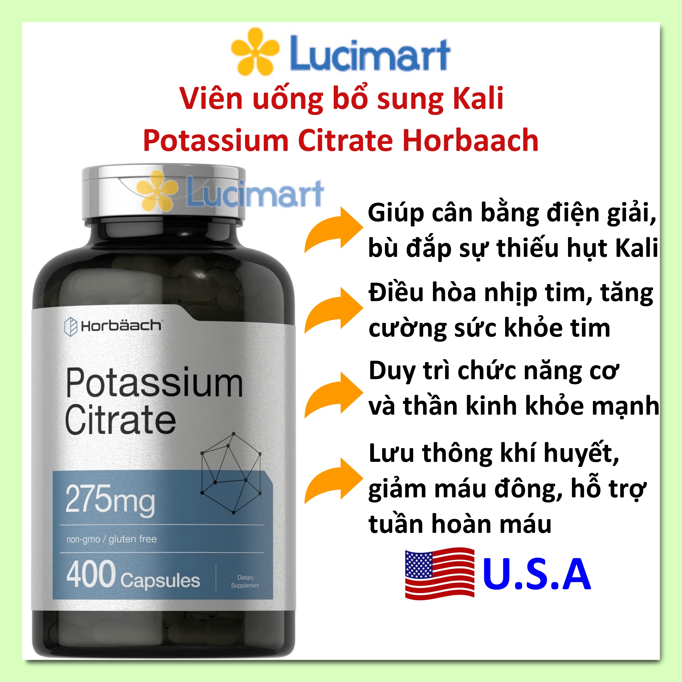 Viên uống bổ sung Kali Potassium Citrate Horbaach hũ 400 viên