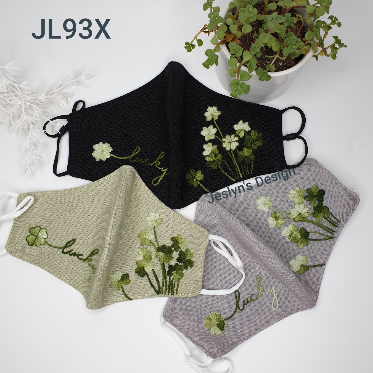 Khẩu trang thêu tay vải linen hoa mẫu đơn JL93X