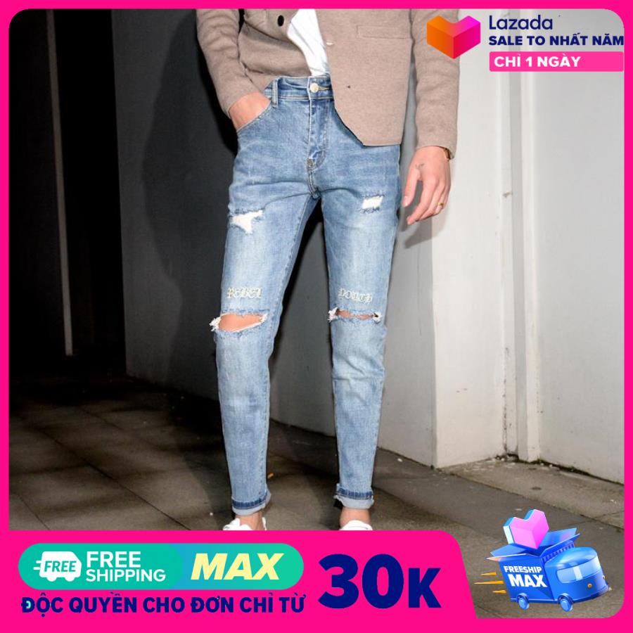 Quân jeans nam rách gối xanh nhạt thêu vải tôt bền đẹp co giản vải dày nhiều kích cỡ Quần jean nam ống ôm Hàn Quốc- Thời trang Evolpo