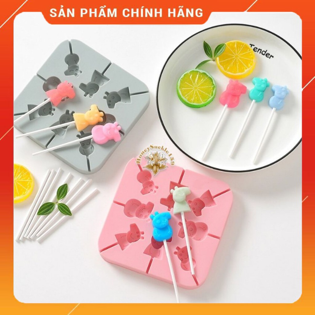 Khuôn Silicon Đổ Socola/Thạch/Kẹo Lollipop/Kẹochipchip Hình 8 Gia Đình Peppa Kèm 20 Que Làm Thử