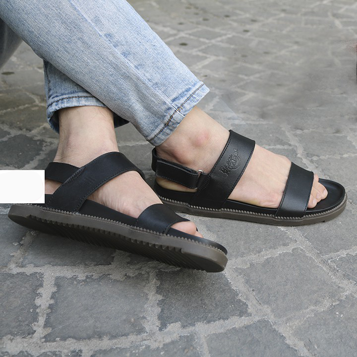 Dép sandal quai hậu nam quai ngang da bò màu đen đế cao su chống trơn trượt phong cách giản dị thoáng chân dễ phối đồ. Bảo hành 6 tháng