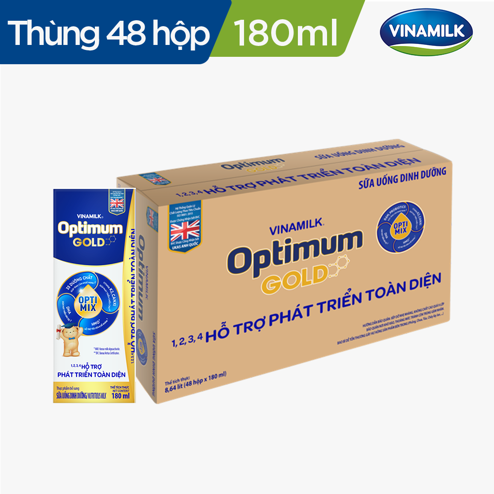 Thùng 48 hộp sữa bột pha sẵn Vinamilk Optimum Gold 180ml - Sữa nước hỗ trợ phát triển toàn diện, chất lượng quốc tế