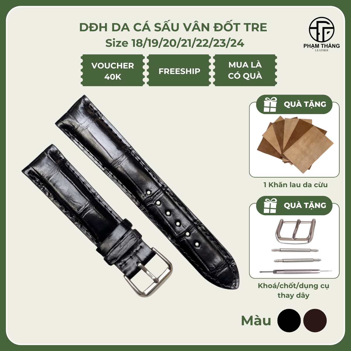 Dây Đồng Hồ Da Cá Sấu Thật Vân Bụng, Dây Đồng Hồ Nam Nữ Cá Sấu Màu Đen Và Nâu Đậm Nhiều Size Có Size Lẻ (Tặng kèm khoá, chốt và dụng cụ thay dây)