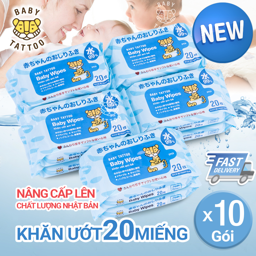 Baby tattoo combo 10 gói khăn giấy ướt cao cấp không mùi, gói 20 miếng