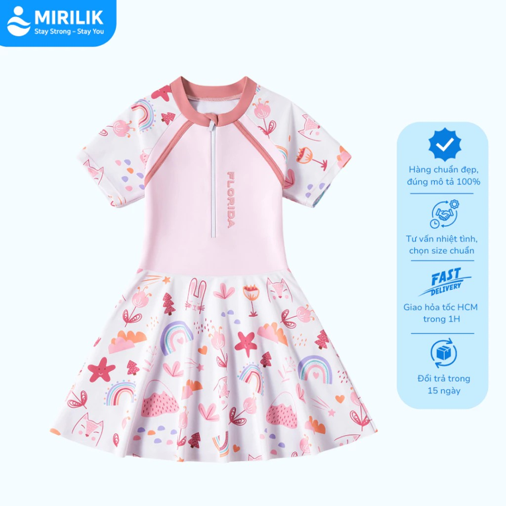 Váy bơi bé gái 15 - 45 kg có lớp lót bên trong đầm bơi hiệu YUKE liền thân 1 mảnh hồng xinh Mirilik