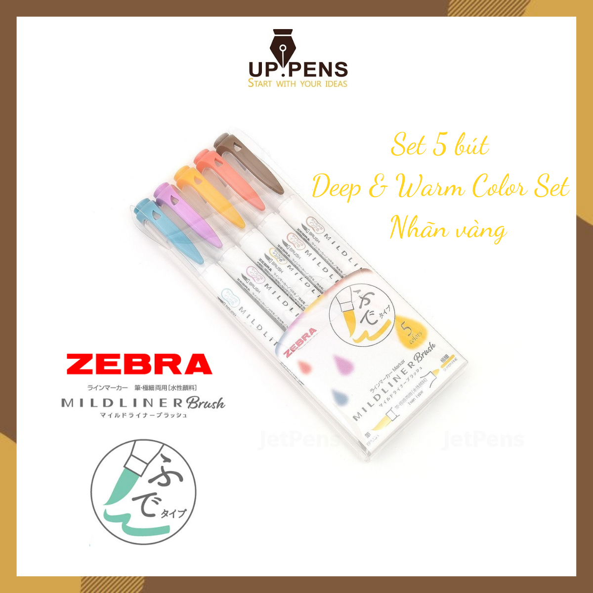 Bộ 5 bút lông đầu cọ Zebra Mildliner Double-Sided Highlighter Brush – Brush/ Extra Fine – 5 Deep & Warm Color Set (Nhãn vàng)