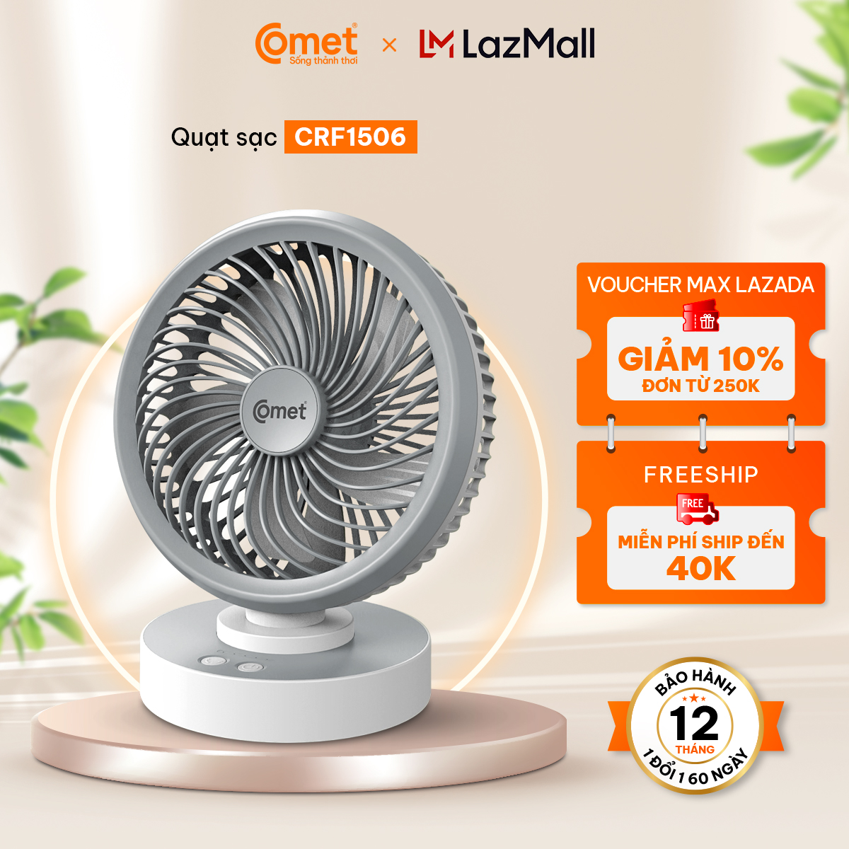 Quạt Sạc Tích Điện Để Bàn Đa Năng COMET CRF1506 7W, 4 Cấp Độ Gió, Xoay 90 Độ, Để Bàn Văn Phòng - Hàng Chính Hãng