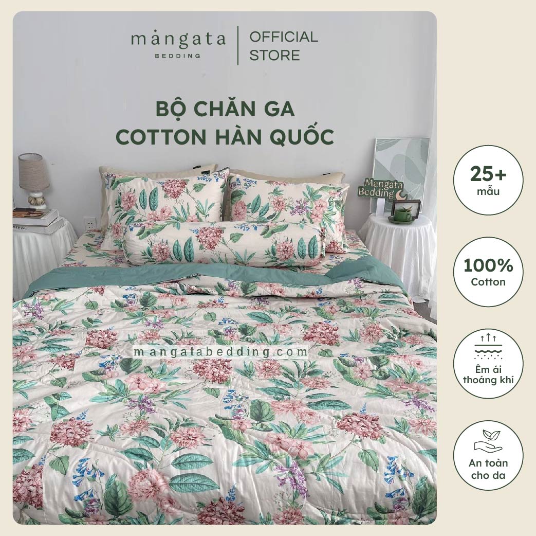 Bộ chăn ga gối Cotton Hàn Quốc size 1m6x2m 1m8x2m thô lụa nhiều họa tiết Mangata Bedding đủ size mềm mịn mát êm ái