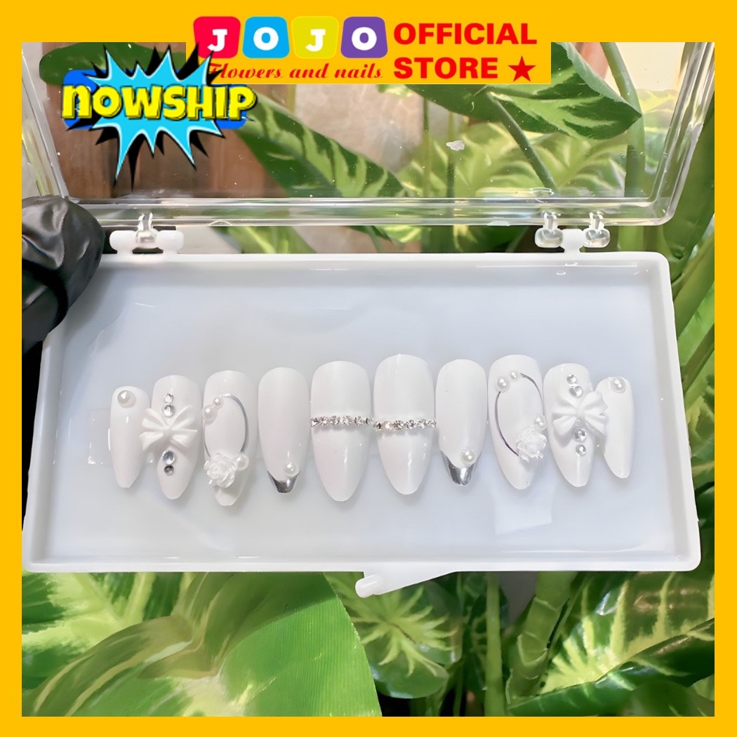 Nail box thiết kế 24 móng màu trắng trắng gương đầu móng sang chảnh cô dâu chụp ảnh Jojo's mã PP08