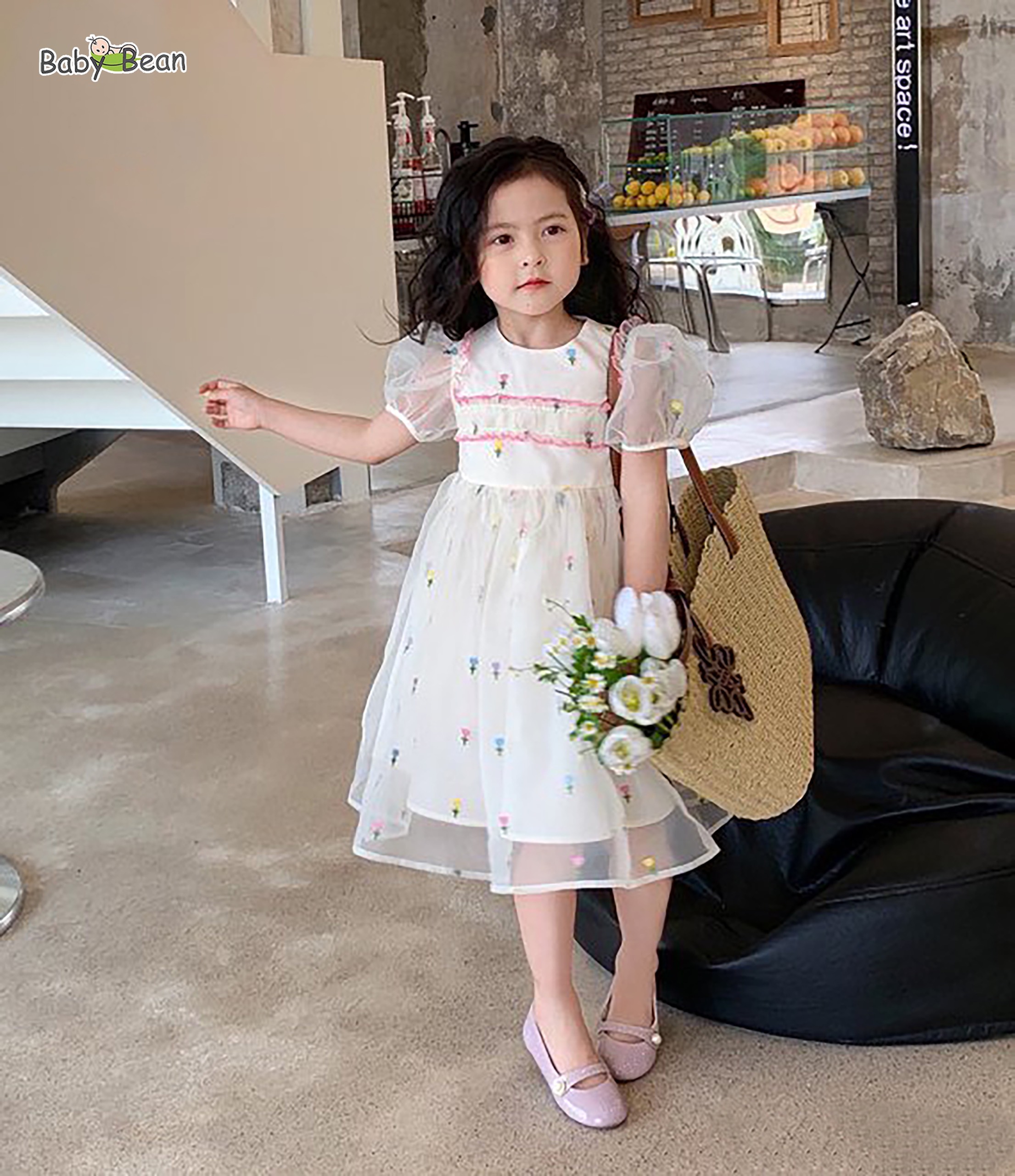 Váy Đầm Oganza Công Chúa Bèo Ngực Thêu Hoa Bé Gái BabyBean