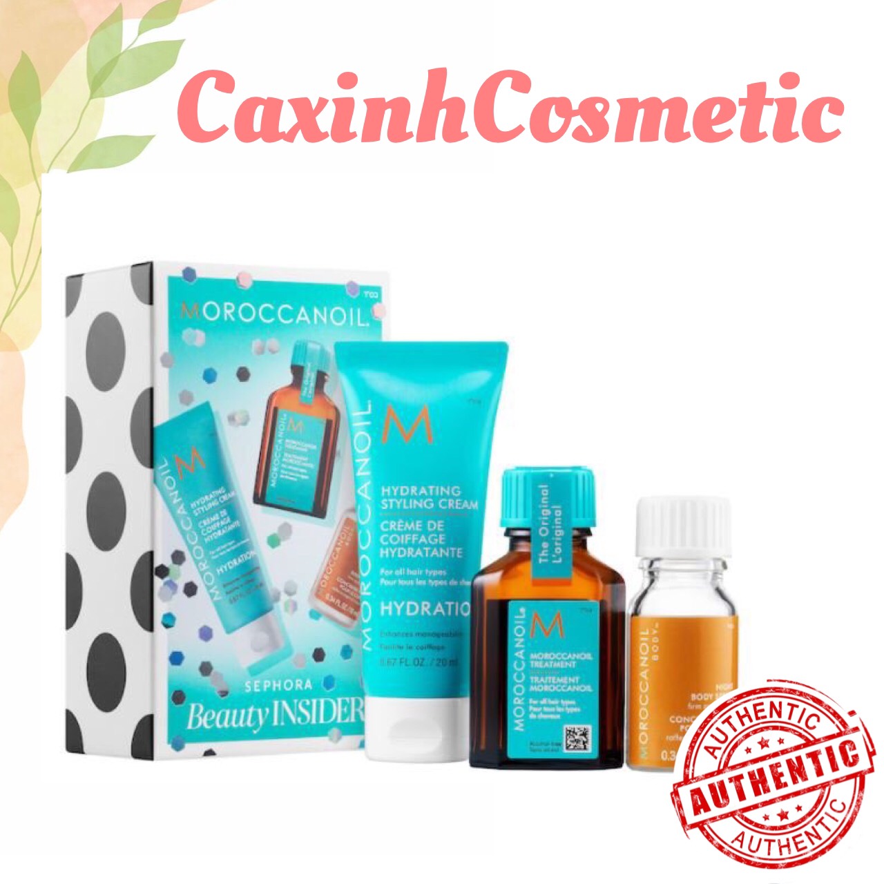 Set dưỡng tóc 3 món moroccanoil: dầu dưỡng tóc, kem tạo kiểu tóc và tinh chất dưỡng da