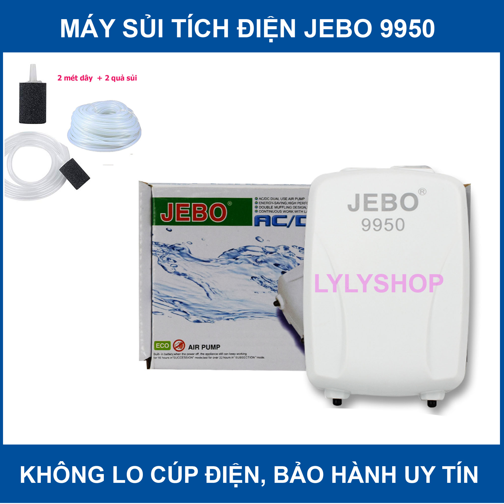 Jebo 9950 - sủi oxy chạy pin sạc khi cúp điện cho hồ cá + 2 dây sủi + 2 đá sủi
