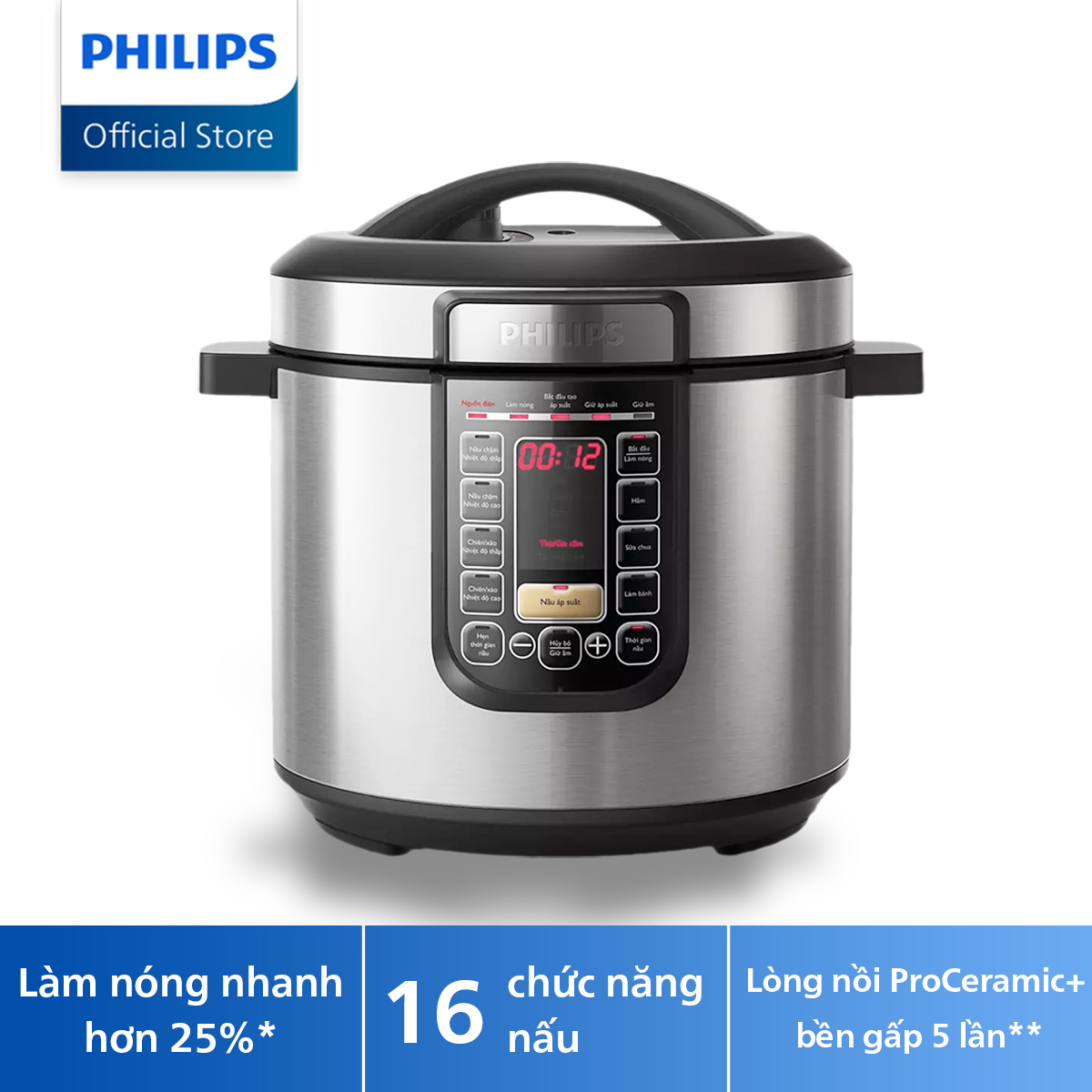 Nồi Áp Suất Điện Tử Philips HD2237/66 (6L) - Lòng Nồi Bằng Hợp Kim Nhôm Tráng Lớp Chống Dính Siêu Bền, Thiết Kế Nắp Trong Có Thể Tháo Rời Dễ Làm Sạch-Hàng Phân Phối Chính Hãng (Thay thế mẫu HD2137)