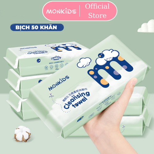 Khăn lau mặt monkids 50 miếng khăn lau mặt dùng 1 lần cotton thiết kế 2 mặt làm sách da và chăm sóc da