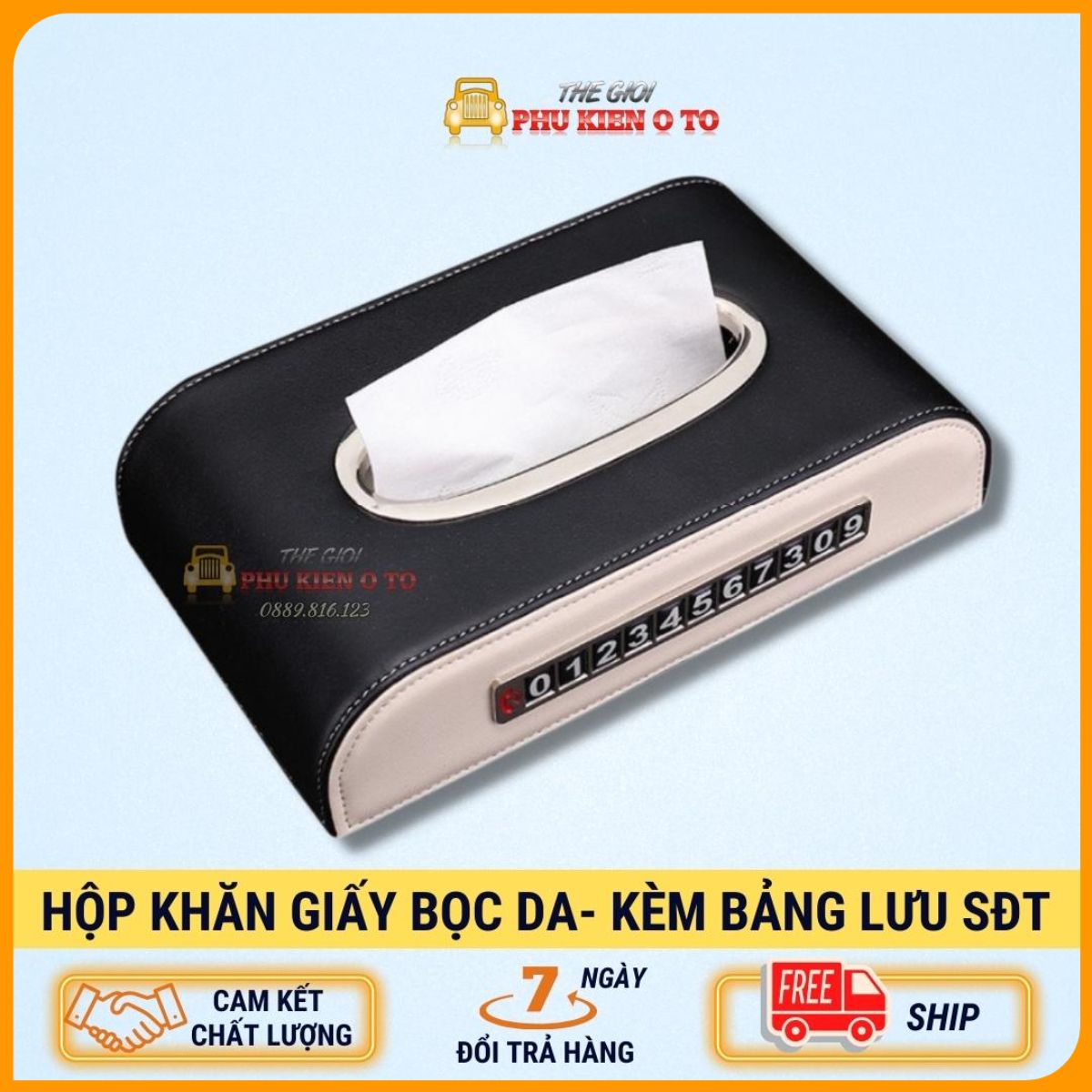 Hộp đựng khăn giấy chất liệu da trên ô tô và bàn làm việc,kèm bảng số điện thoại