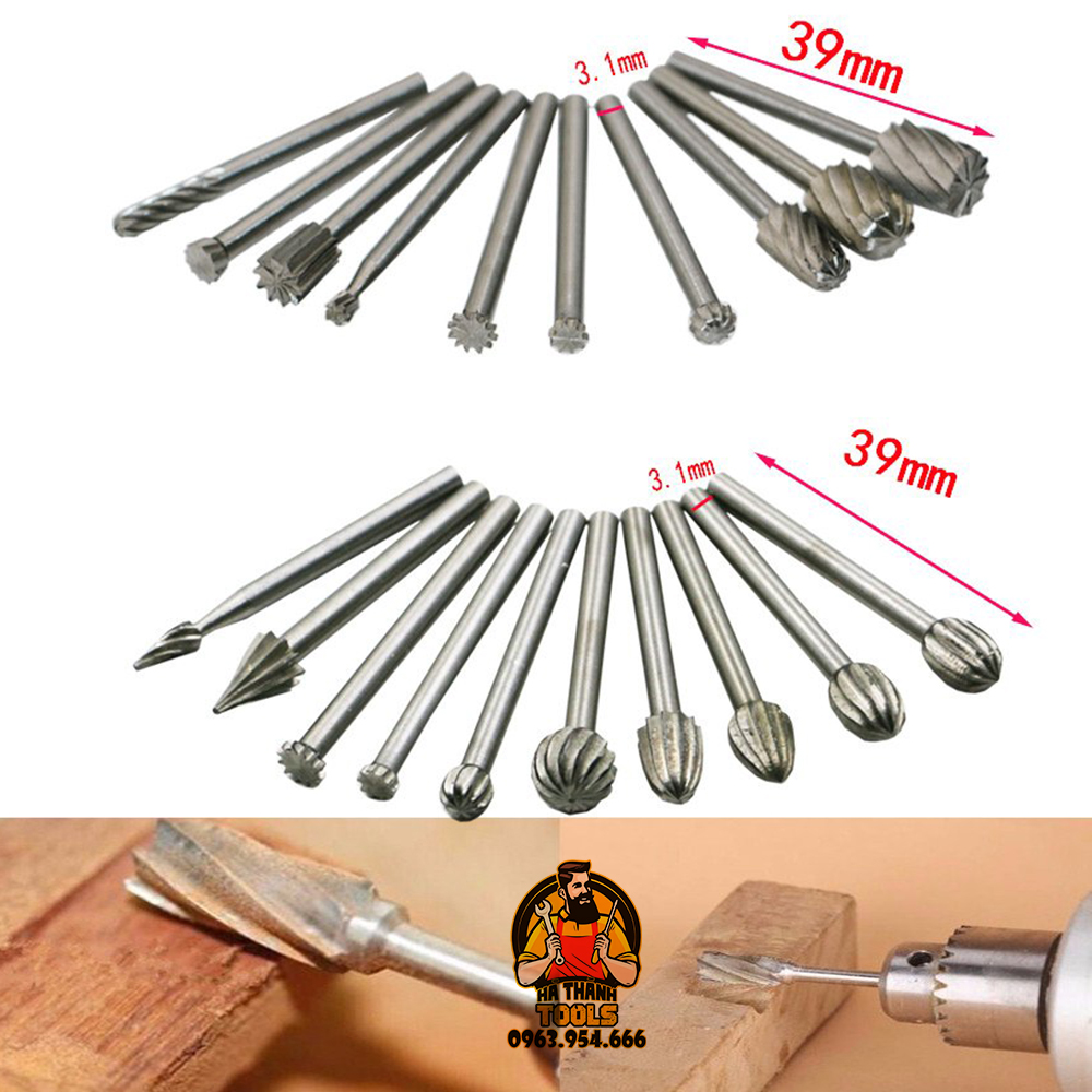 Bộ 20 mũi mài khắc làm lũa gỗ cán 3mm - chất liệu thép hss chuyên dụng