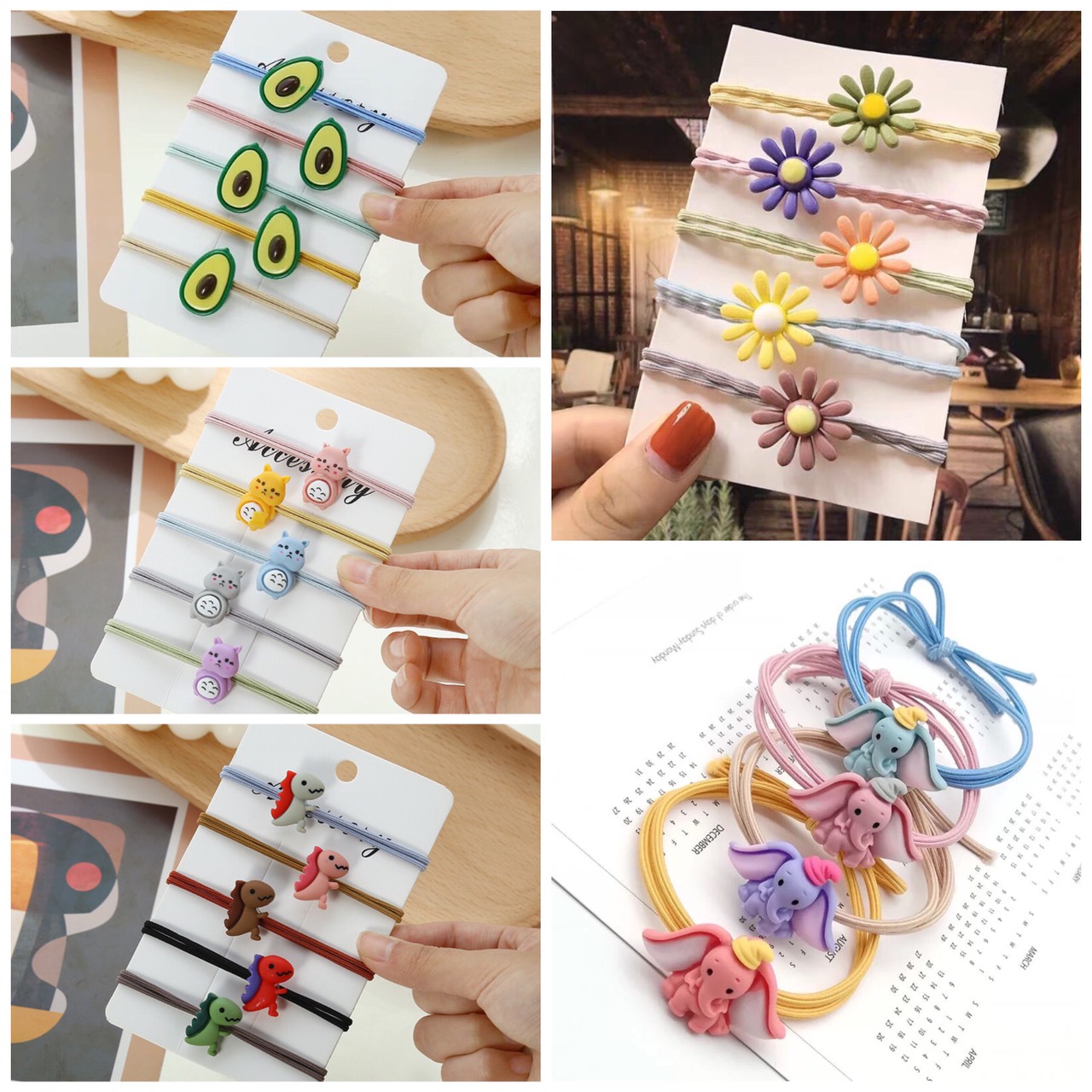 Dây cột tóc, thun buộc tóc hoa cúc, trái bơ, con ếch đáng yêu, khủng long.....