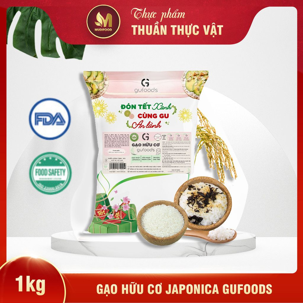 Gạo Hữu Cơ Japonica GUfoods (Túi 1kg) - Ăn Dặm Cho Bé, Làm Sushi / Cơm Cuộn, Dẻo Ngọt Ngon Cơm, Nguyên Liệu Organic