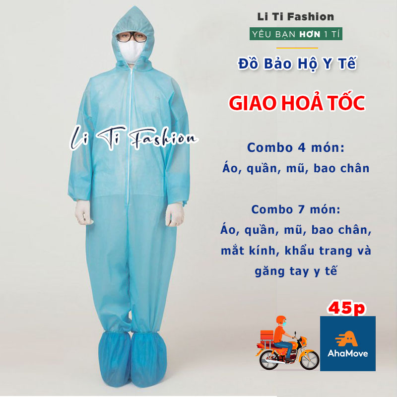 Đồ bảo hộ y tế, quần áo chống dịch màu xanh combo 4 món và 7 món