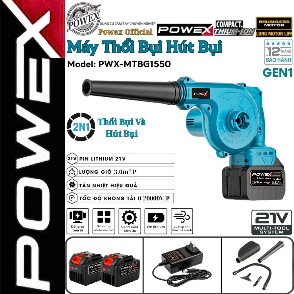 Máy thổi bụi Powex 21V PWX-MTBG1550 máy thổi bụi hút bụi công suất 680W lưu lượng gió 3.0m³/phút chân phổ thông M21