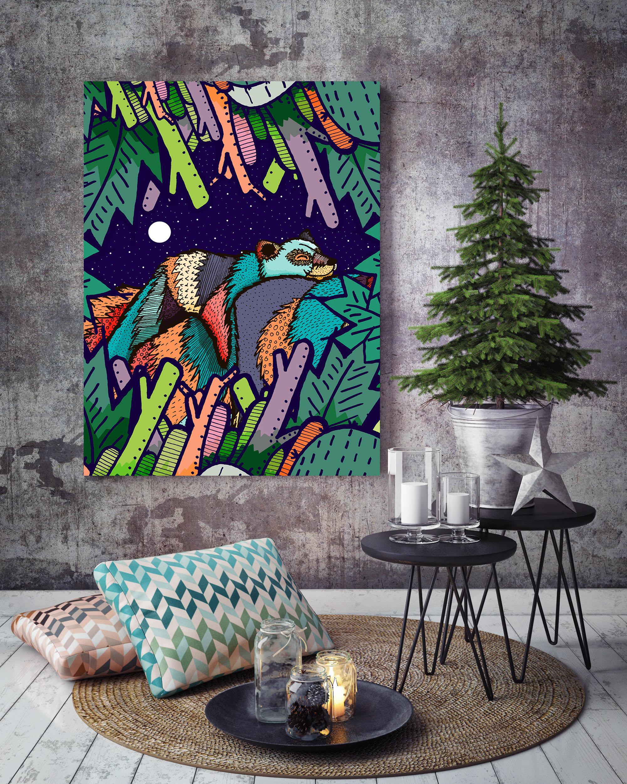 Tranh treo tường hiện đại - Tranh canvas tràn viền khổ 30*45 cm - Tranh gấu và màn đêm