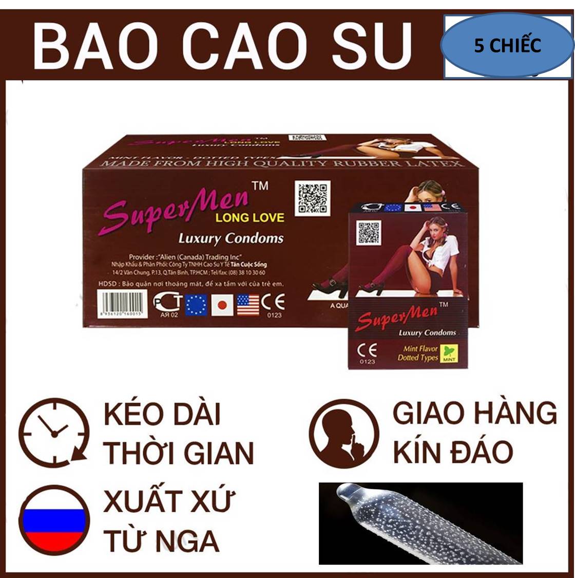 GÓI dùng thử 5 chiếc bao cao su Supermen , nhập khẩu ,gai gân , kéo dài , bôi trơn tốt , chính hảng