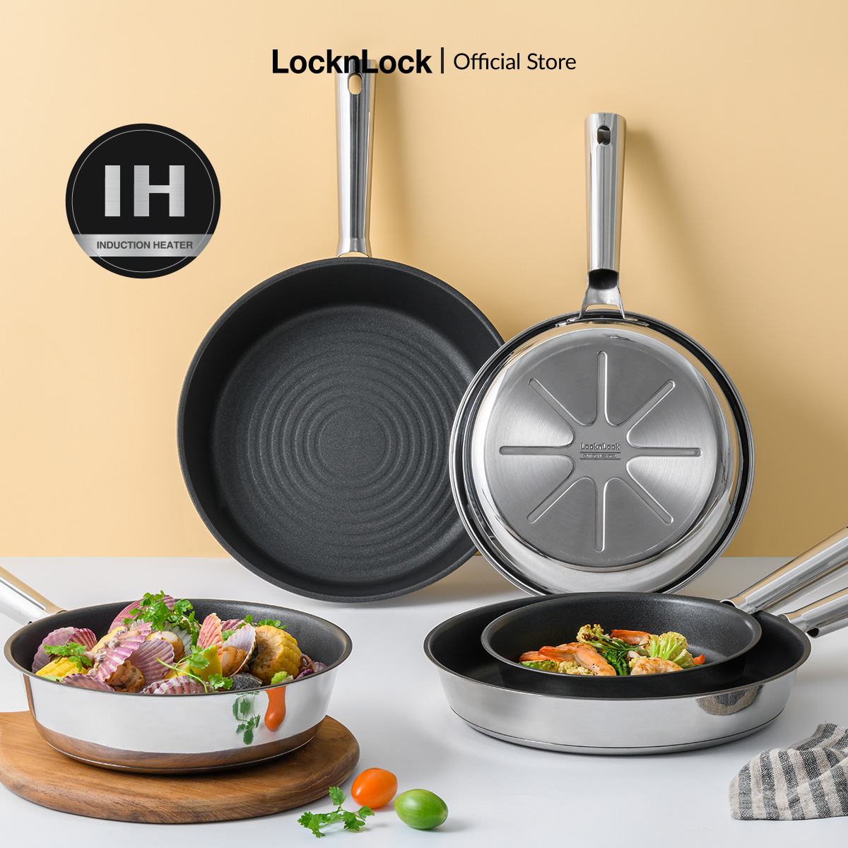 Chảo, Chảo sâu lòng inox chống dính Suit STS Lock&Lock 20cm, 24cm, 28cm, tay cầm inox, dùng được bếp từ