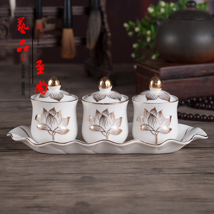 Bộ án - bộ 3 ly nước thờ cúng bạch ngọc sen nổi có nắp sang trọng