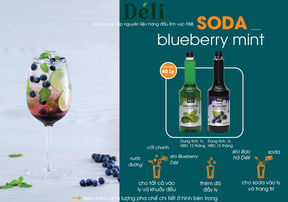 COMBO - Siro Việt Quất + Siro Bạc Hà Déli, mỗi chai 1L: vị ngọt thanh, có thịt quả Việt Quất, hương trái cây tự nhiên, dùng pha chế các loại trà, soda