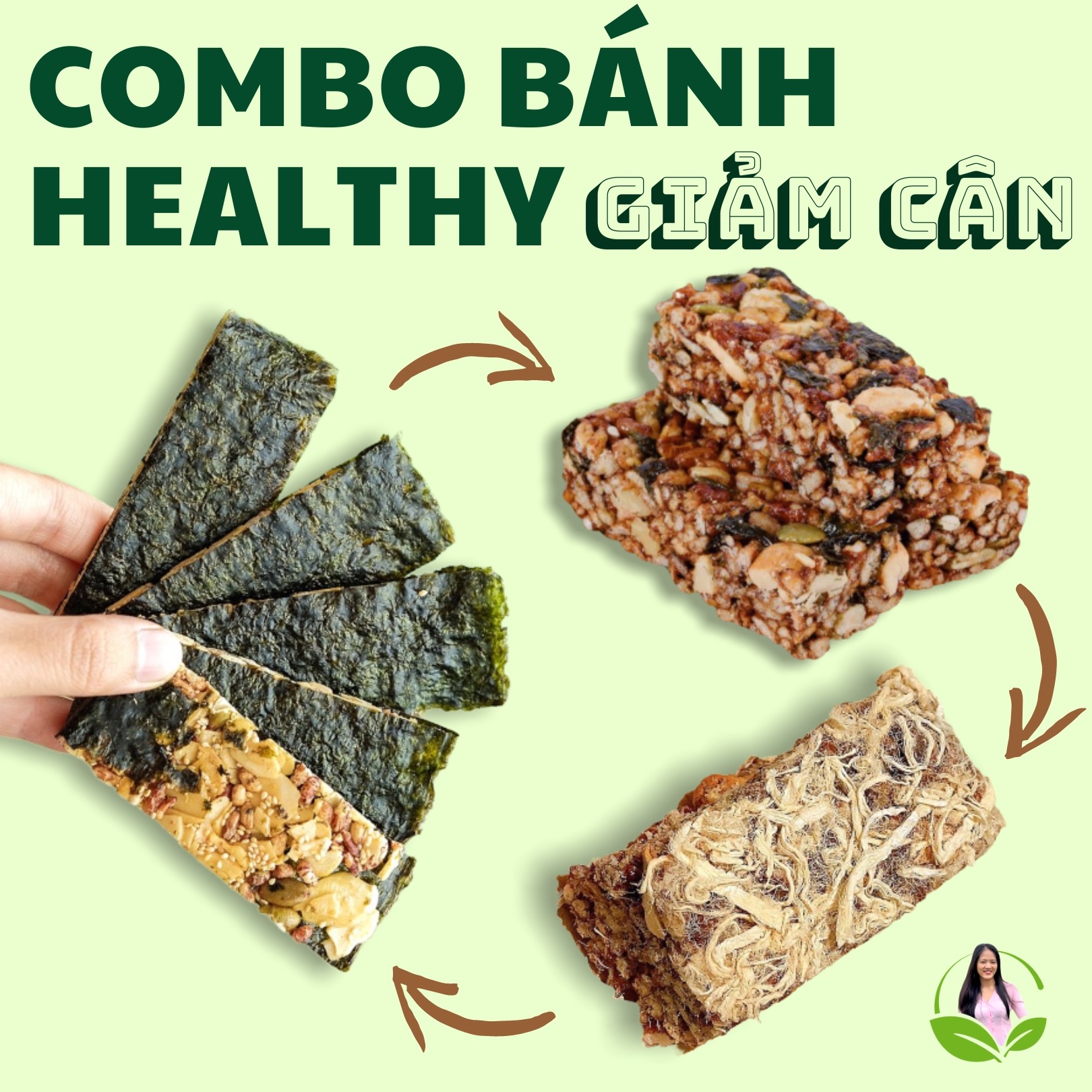 Combo bánh ăn kiêng ngon: Rong biển kẹp hạt, thanh gạo lức chà bông, thanh gạo lức rong biển