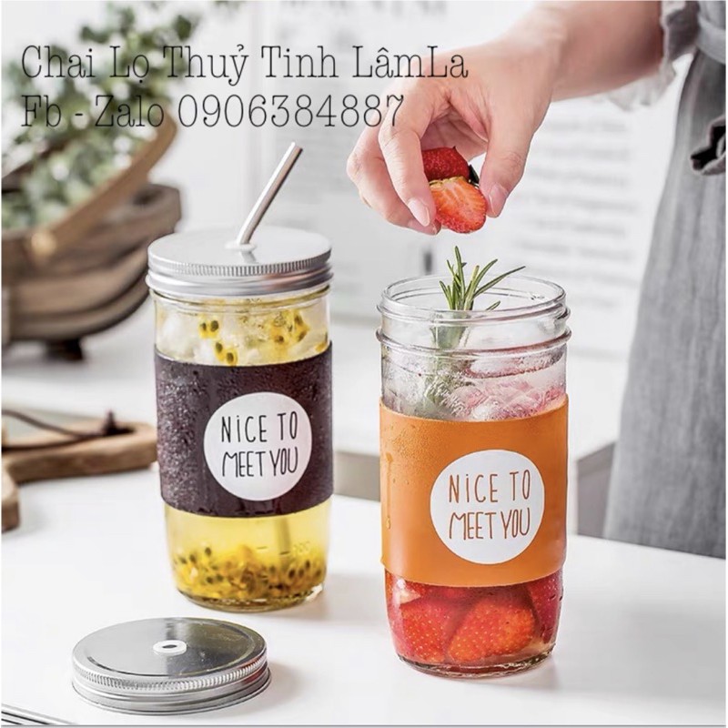Cốc ly thuỷ tinh trà sữa mứt jd nắp nhôm 650ml | ống hút thẳng innox 304 | cọ rửa ống hút innox