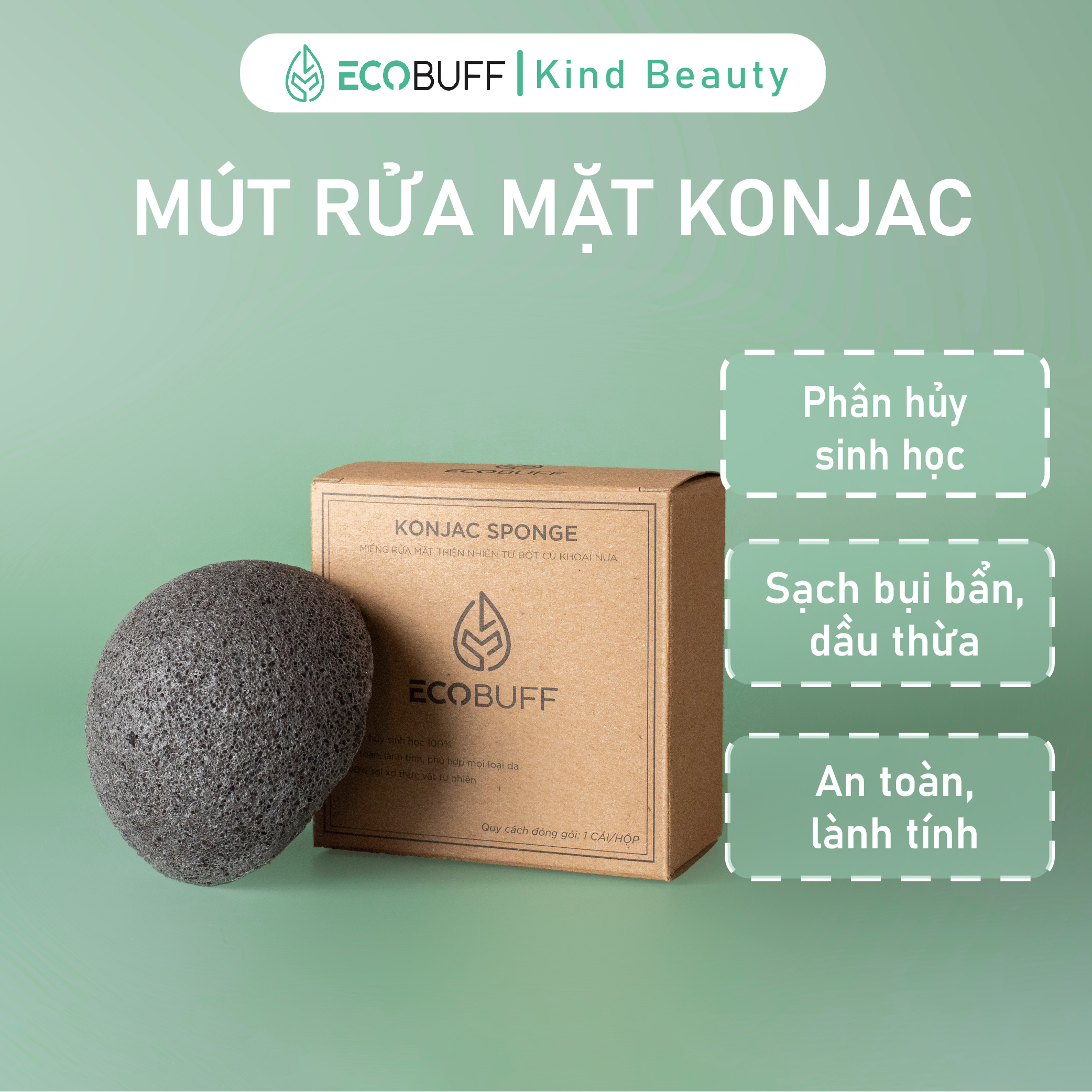 Bọt biển rửa mặt Konjac Sponge Ecobuff miếng mút bông nở xốp Nhật Bản sạch dịu nhẹ cho mọi làn da, thân thiện môi trường