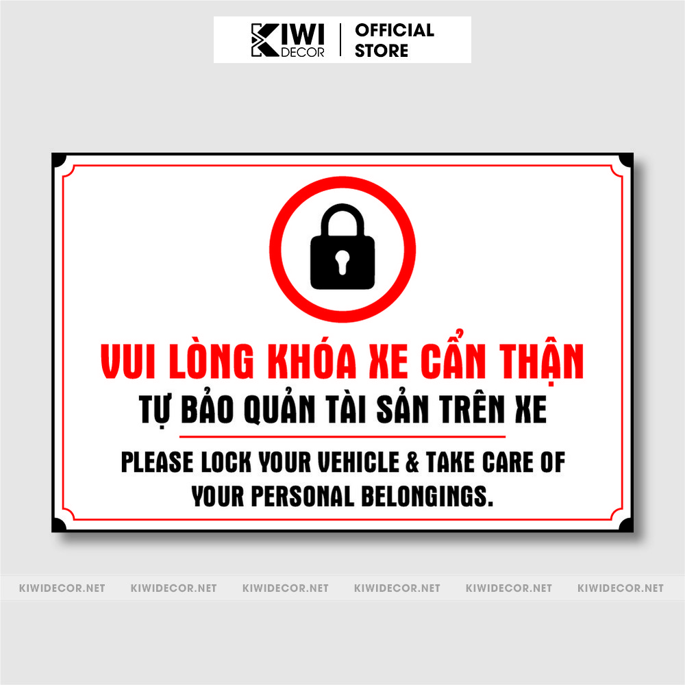 Biển cảnh báo vui lòng khóa xe cẩn thận - tự bảo quản tài sản - 29x19cm chất liệu gỗ cao cấp